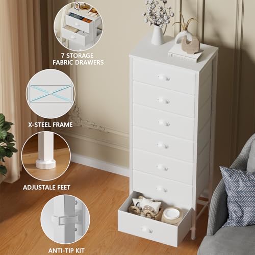 White Tall Dresser with 7 Fabric Drawers for Bedroom Storage - 11.8"D x 15.8"W x 43.3"H