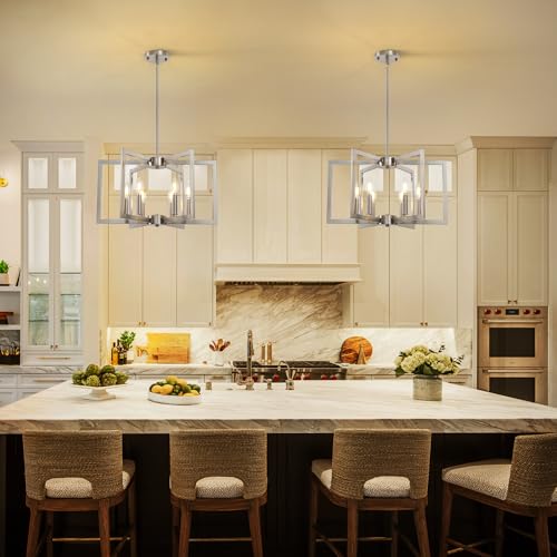 6-Light Modern Metal Geometric Chandelier - Brushed Nickel, 21in Kitchen Island Pendant Light Fixture