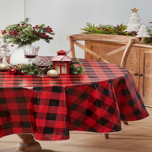 84x60 Inch Oval Christmas Buffalo Plaid Vinyl Tablecloth with Flannel Backing