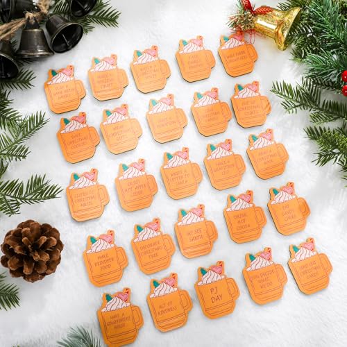 Threehoney 25 Pcs Christmas Advent Wooden Tokens Set with Cocoa Cup Variant