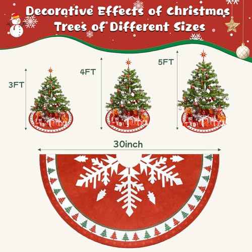 MACTING Christmas Tree Skirt, 30 Inch Round Red Polyester Christmas Tree Skirts with Big Snowflake and Christmas Tree Printed for Holiday Party Rustic Xmas Tree Decoration