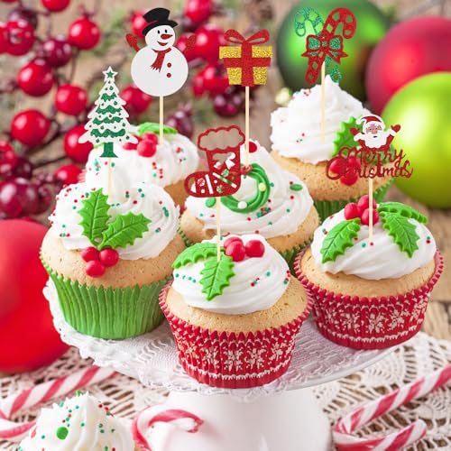 Tauywolci Christmas Style 24 PCS Glitter Cupcake Toppers - Santa Snowman Xmas Decorations