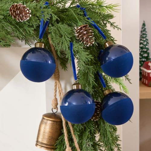 DN Deconation Blue 9-Piece Glass Christmas Ornament Set with Velvet Flock, Vintage Bronze Caps