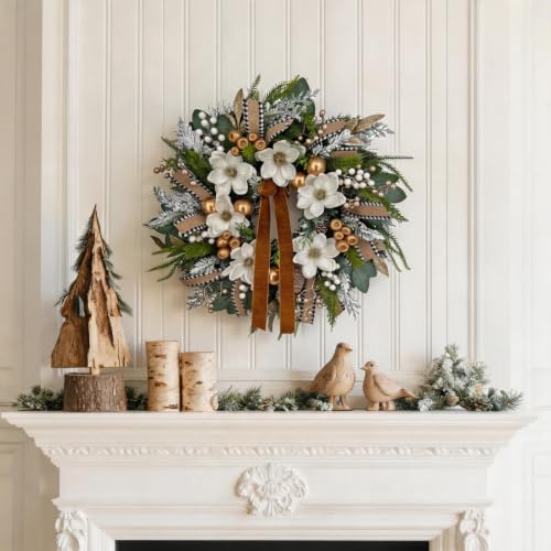 24-Inch Farmhouse Christmas Wreath with Magnolia & Pine | Buffalo Check Ribbon