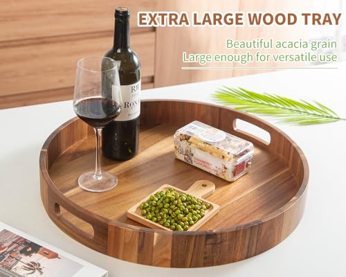 22-Inch Round Acacia Wood Ottoman Serving Tray with Handles - Large Decorative Organizer