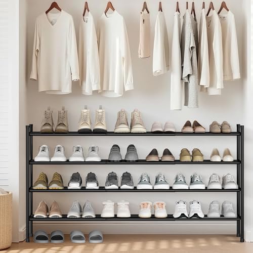 Expandable Shoe Rack - Holds 24 Pairs, 4 Tiers, Black, Adjustable & Stackable
