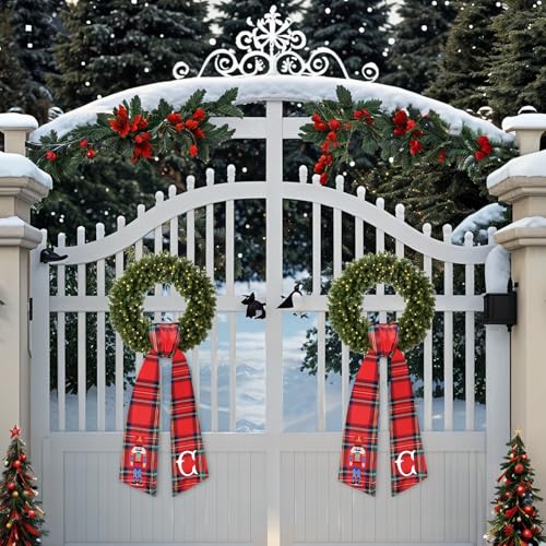 Yoirrat 2Pcs Christmas Plaid Nutcracker Monogram Satin Wreath Sash - Red C