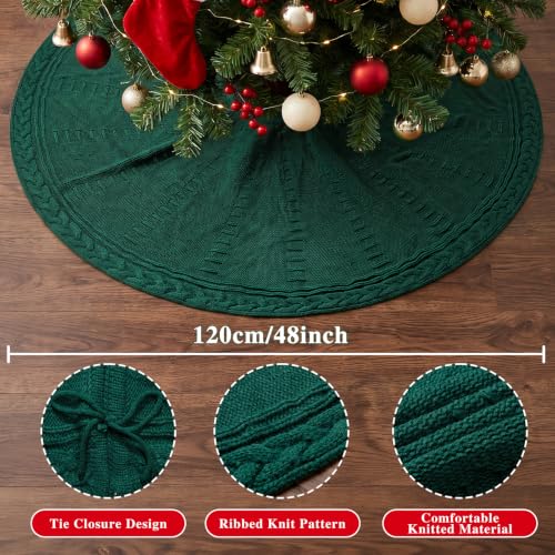Benjia 120cm/48in Knitted Christmas Tree Skirt Braided Cable Knit Green