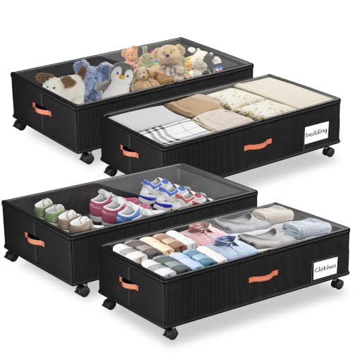 Ashwanth Under Bed Storage with Wheels 4 Pack - Black, Adjustable & Dustproof