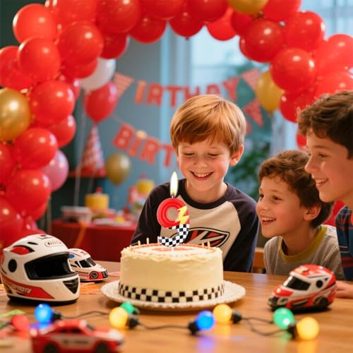 Red Racing 2 Birthday Candles,2nd Birthday Decorations for Boy Girl,Red Number 2 Candle for Cake,Hot Cartoon Anime Cars Cake Toppers for Racing Cars Themed Party Decorations Supplies