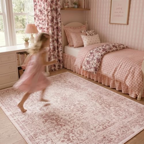 Pink Washable Area Rug 6x9 for Girls Bedroom & Living Room - Light Pink