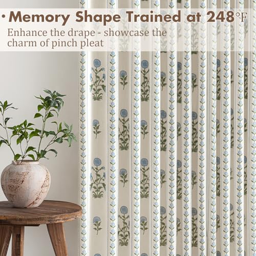 Slozzi Blue & Beige White Floral Linen Pleated Curtains - Pack of 2, 40" W x 96" L