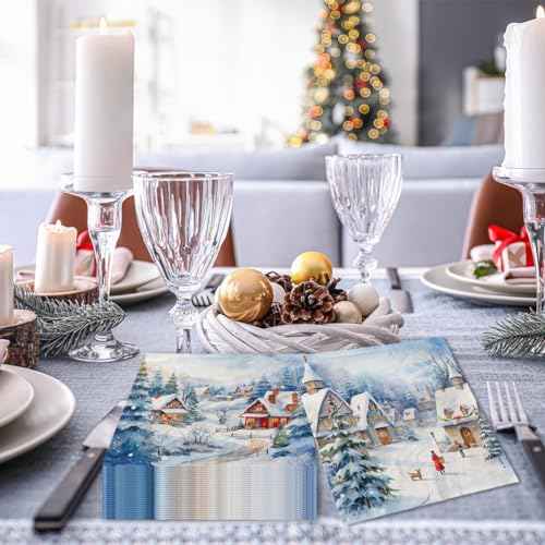 Winter Wonderland Decorations-40pcs Winter Wonderland Napkins Christmas Snow House Paper Napkins, Winter Landscape Villa Snow House Scene Paper Napkins for Xmas Holiday Party Supplies