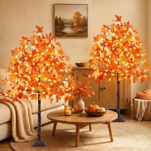 MapleTree 2Pack 5FT Artificial Fall Trees with LED Lights, Outdoor/Indoor Decor