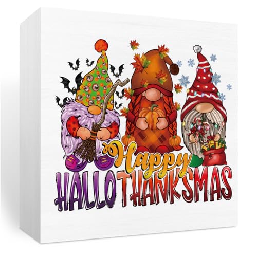 Happy Hallothanksmas Wood Box Sign - Fall Thanksgiving Gnomes Rustic Decor 5x5