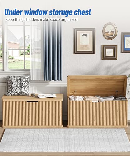 Large Wooden Storage Chest - Fluted Design with Safety Hinges, 37.4" Wide, Oak Finish, Variation of 15.4" D x 37.4" W x 17.9" H
