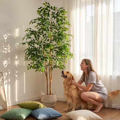 Warmplants 7ft Artificial Ficus Tree with Woven Basket - Realistic Fake Indoor Plant