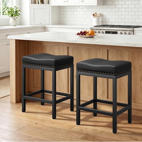 GRUSIGN Black 24 Inch Set of 2 Counter Height PU Leather Bar Stools with Footrest