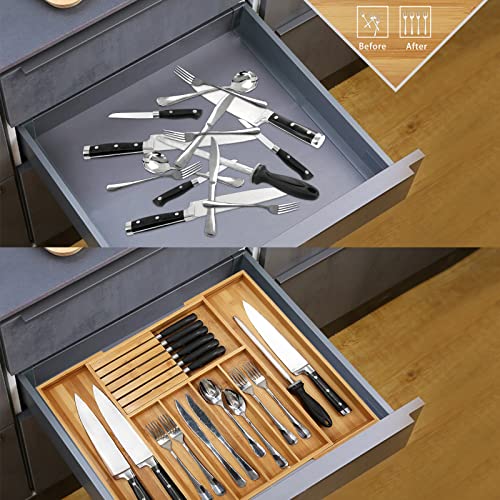 VaeFae Natural Bamboo Silverware Drawer Organizer, 7 Slots, Adjustable