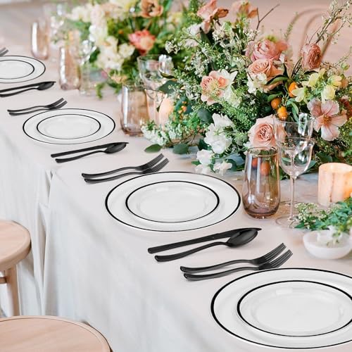 BESTSTAR 200pcs Black and Clear Plastic Disposable Plates Set - Food-Grade & Elegant