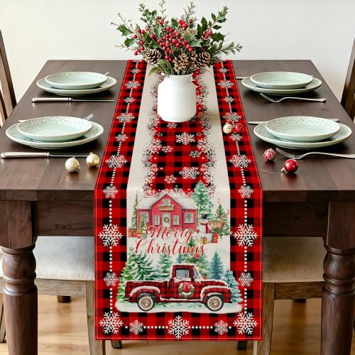 Cusugbaso Red Plaid Truck Christmas Table Runner 13x72 in