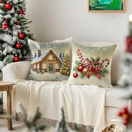 HDVUHKI Christmas 20x20 Pillow Covers Set of 4 - Linen Decorative Holiday Cushion Covers