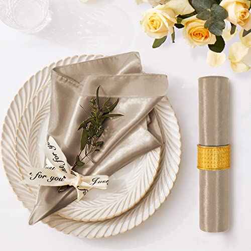 12 Pack Satin Table Cloth Napkins, 17x17 Inch Taupe Silky Wedding Napkins Cloth Washable, Luxury Dining Table Cloth Napkins Set for Birthday Holiday Party Dinner Restaurant