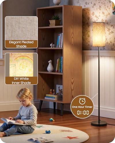 Dimmable Floor Lamp with Remote & Foot Switch - Black & Beige, 64.2 Inch Modern Corner Standing Lamp with 10W Bulb