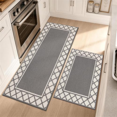 Grey Washable Kitchen Rugs Set of 2 Non-Slip 20x30 & 20x48 Inches