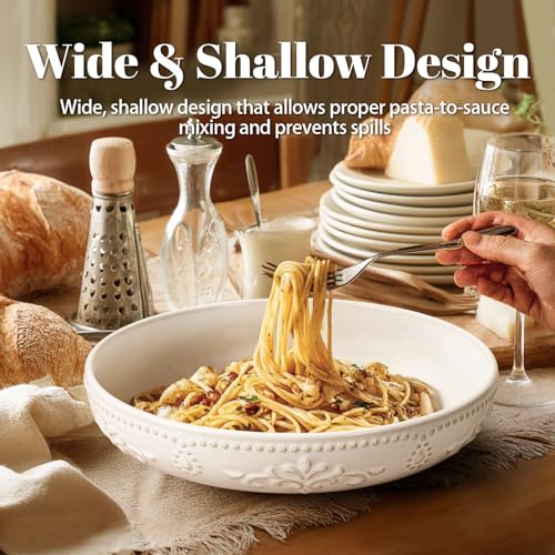 Artena White Pasta Bowls Set of 4 – 50oz Large Ceramic Salad & Soup Plates, Embossed & Reaction Glaze, Microwave & Dishwasher Safe