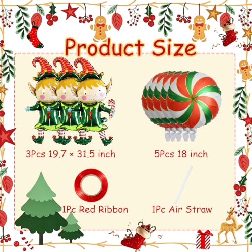 8Pcs Christmas Elf & Candy Balloons Set - Holiday Party Decorations