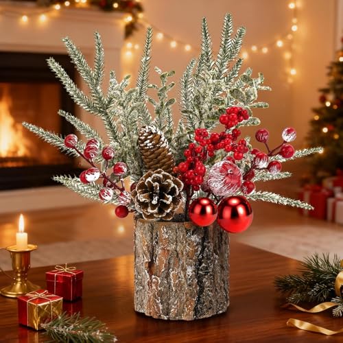 Mljsh Small Christmas Table Centerpiece with Pinecones & Red Berries - Rustic Farmhouse Holiday Decor (1pc)