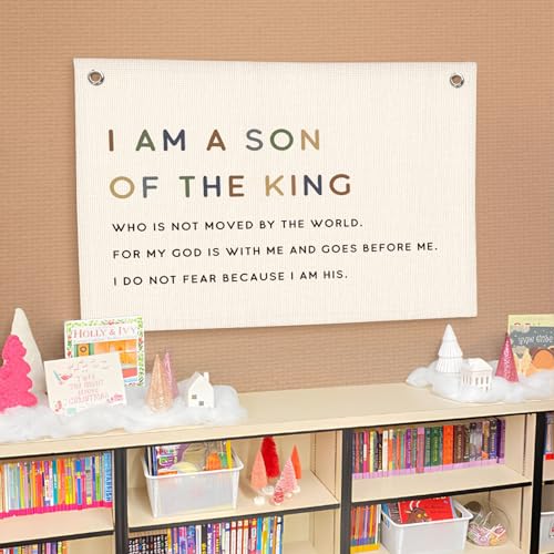 Lacama Christian Wall Decor for Boys Room,Baby Boys Nursery Decor,Bible Verse Wall Linen Hanging Banner Flags,I Am The Son of A King Neutral Wall Decor,Birthday Christmas Gift 30x20 Inch