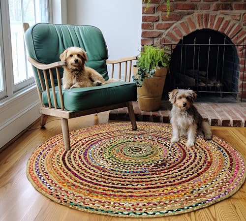6 Feet Round Multi Color Jute Chindi Rag Rug - Handwoven Area Rug