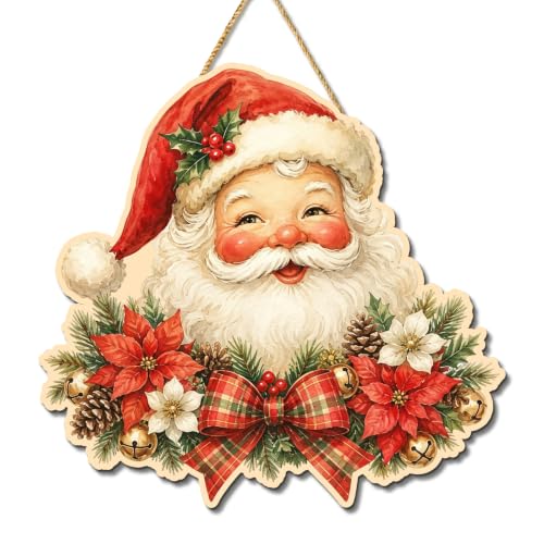 Christmas Santa Door Hanger Vintage Wooden Welcome Sign - Red