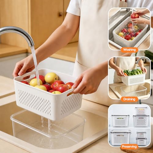 White Fruit Storage Containers with Removable Colander - 6 Pack