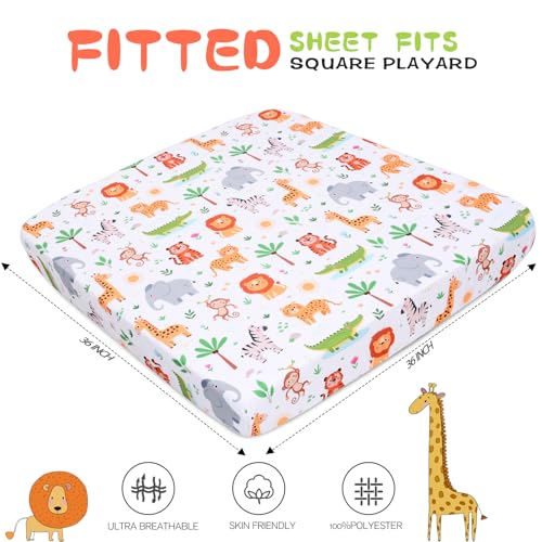 Cloele Square Playard/Playpen Fitted Sheets Perfect for 36 X 36 Portable Playard Mattresses - Jungle Square Pack and Play Crib Sheets - Ultra Soft Polyester Animal Fitted Playpen Sheet for Baby