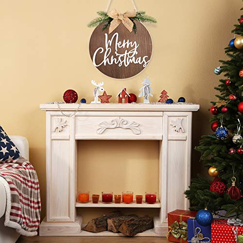 Jetec Merry Christmas Wood Sign Round Front Door Hanging Decor Brown with White Bow