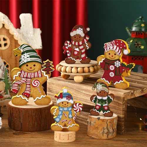 Soaoo 5 Pcs Christmas Gingerbread Man Decor Wood Gingerbread Sign Xmas Table Centerpieces Rustic Vintage Figurine Wooden Christmas Ornaments for Fireplace Holiday Indoor Farmhouse Party