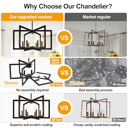 Matte Black 6-Light Adjustable Chandelier for Dining Room & Kitchen Island - No Assembly Needed