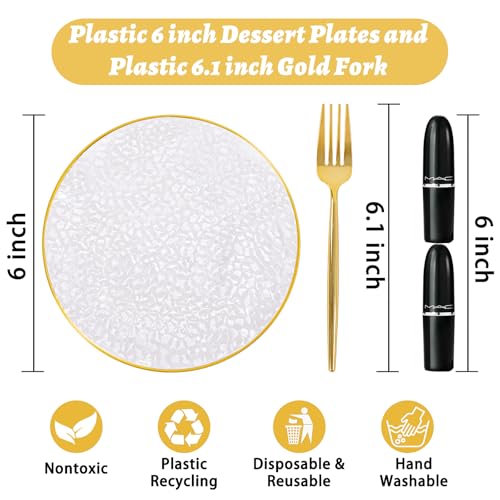 Clear Gold Dessert Plates with Forks Set - 6 Inch Hammered Plastic Party Plates & Gold Forks, Elegant Disposable Dinnerware for Weddings & Events