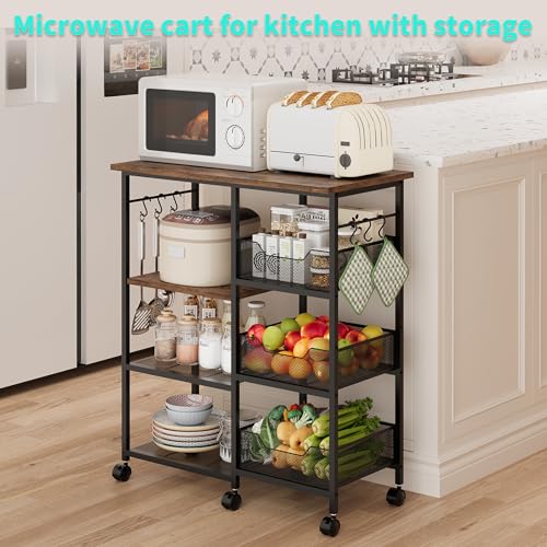 HapiRm Brown Rolling Kitchen Cart with Storage, Microwave Stand, 6 Hooks & 3 Baskets