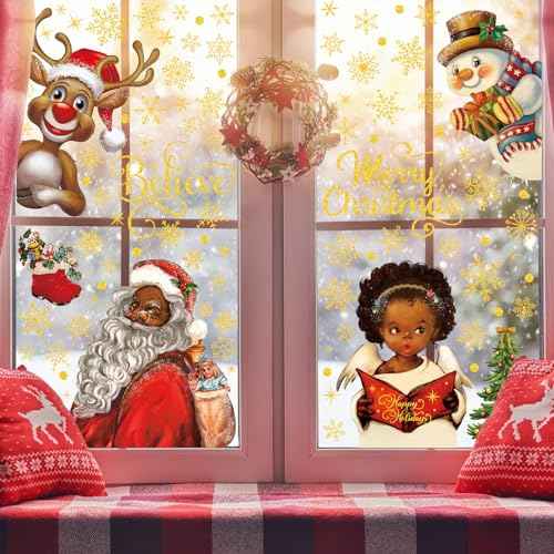 4 Sheet Christmas Window Decals Black Santa Window Clings Claus Girl Xmas Static Window Stickers Decor for Home School Party Supplies, 10 x 13.8 Inch