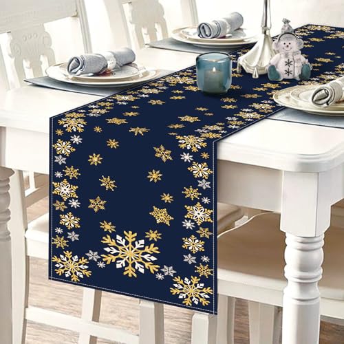 Winter Gold Snowflake Table Runner 13"x72" Dark Blue – Croar Gold Snowflake / Table Runner