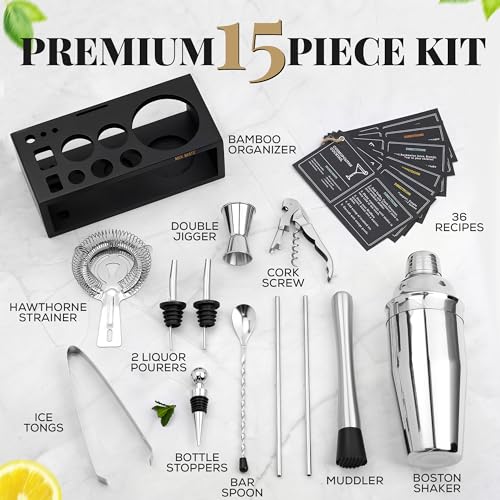 Mixology Bartender Kit with Stand - Silver 15-Piece Cocktail Set for Drink Mixing