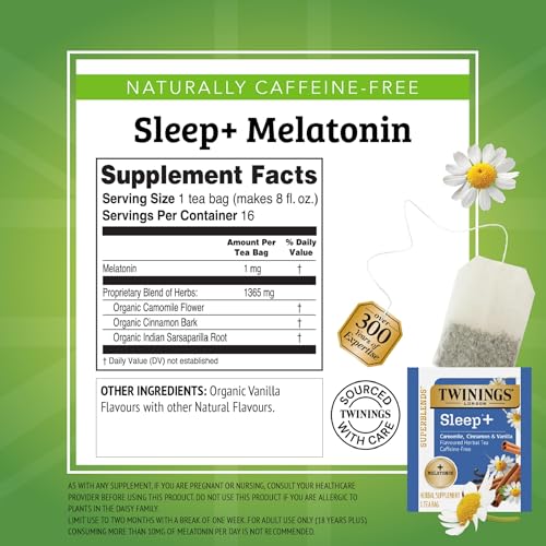 Camomile Sleep Herbal Tea with Melatonin - Twinings Superblends, 16 Tea Bags, Pack of 6
