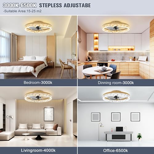 VOLISUN 19.7in Gold Flush Mount Ceiling Fan with Lights & Remote, Dimmable 3000K-6500K, Modern Quiet Fan for Bedroom & Living Room