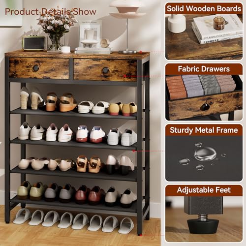IBUYKE 5-Tier Shoe Rack with 2 Fabric Drawers - Rustic Brown, Fabric Variation