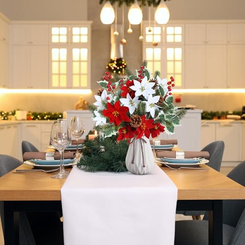 Christmas Artificial Flower Bouquets 14'' Poinsettia Holly Pinecones Red & White