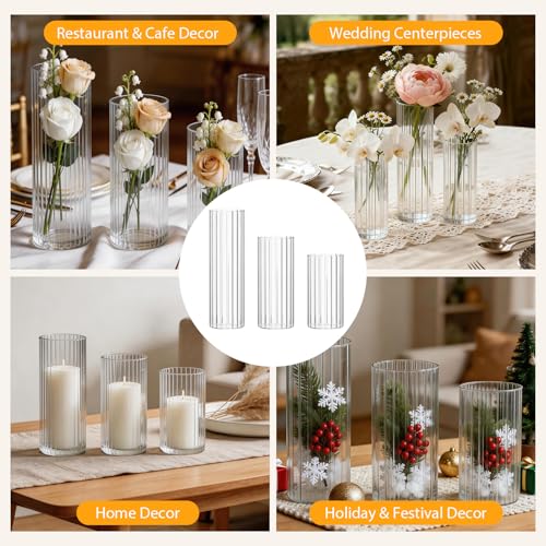Ribbed Glass Vases & Hurricane Candle Holders Set - 24 Pcs with Assorted Heights, Thickened Clear Glass - Ribbed / 24